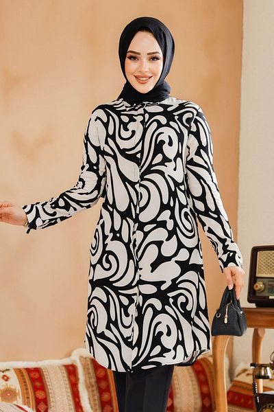 Neva Style تونيك حجاب أسود منقوش - 11711S