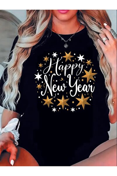 WOODROFFE Kadın / Erkek Yılbaşı Temalı Kırmızı Beyaz T-shirt Happy New Years Baskılı Yeni Yıl Oversize Salaş