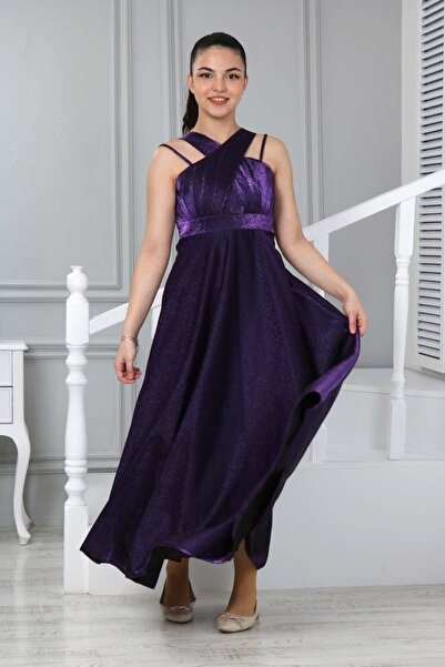 Joui Co Kız Çocuk Gömülü Sim Desenli Parlak Yapılı Uzun Abiye Elbise