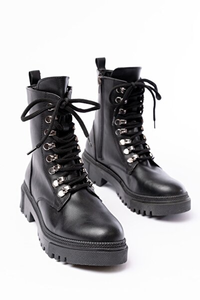 Mida Shoes 812-2121 Siyah Deri Bağcıklı Kadın Bot