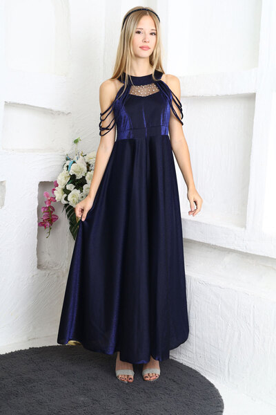 Joui Co Kız Çocuk Gömülü Sim Desenli Parlak Yapılı Uzun Abiye Elbise