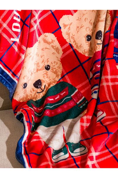 LC Waikiki Lcw Home Red Bear Teddy Printed Tv Blanket 100X150 cm