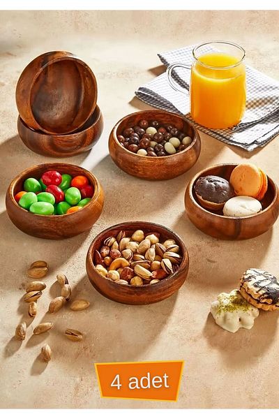 HOMİNG Homing Acacia Wood Snack Bowl 4 Pieces 12Cmx12Cmx3.5Cm