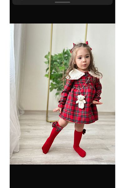 Kokosh kidss Girls' Plaid Bear with Socks and Buckle Full Set of Dresses
