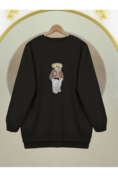 Modamorfo Teddy Bear Embroidered Long Back Sweater - Black