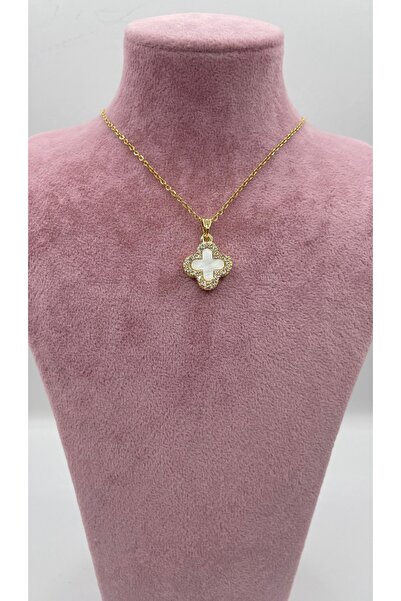 bej jewelry Beyaz Yonca Model Çelik Kolye