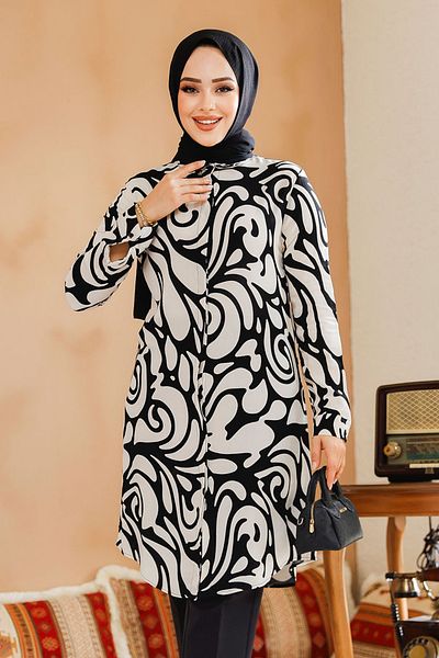 Neva Style تونيك حجاب أسود منقوش - 11711S