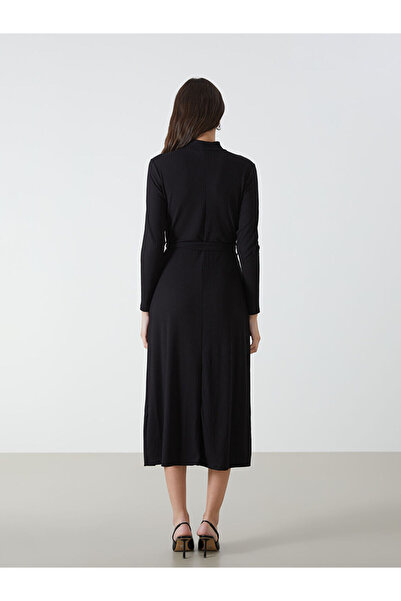 LC Waikiki Black Stand Collar Textured Dress