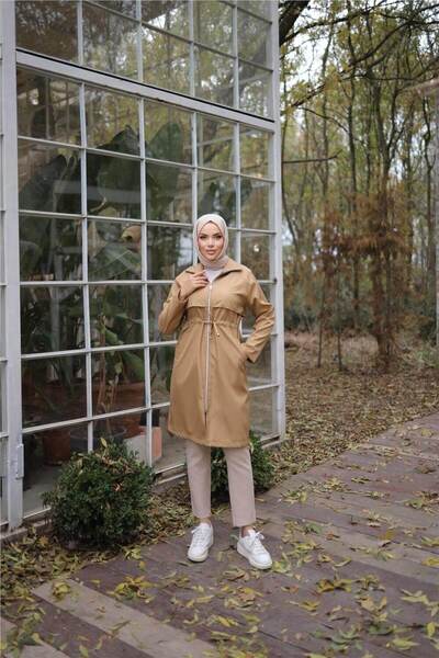 Bwest Long Trench Coat with Zipper Two Side Pockets and Waist Tie - (38-46) - 71232 - Neskafe