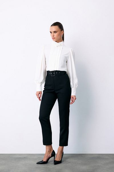 Sateen Black High Waist Belted Pants
