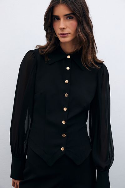 Sateen قميص شيفون بأكمام وأشرطة