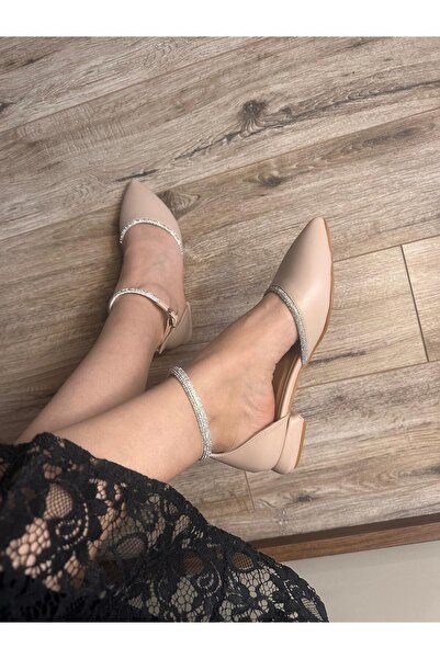 LİNEER Kadın Nude Ten Rengi 3.5 Cm Topuklu Kablo Taşlı Abiye Babet Gelin Ayakkabısı