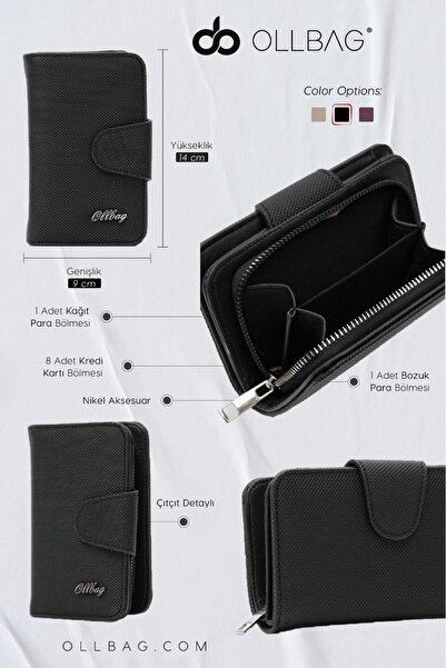 OLLBAG Siyah Orijinal Kadın Çok Gözlü Bol Kartlıklı Bozuk & Kağıt Para Bölmel...