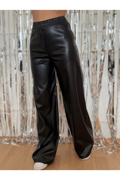 COTTONLAB Women's Christmas Special High Waist Elastic Waist Wide Leg Leather Pants