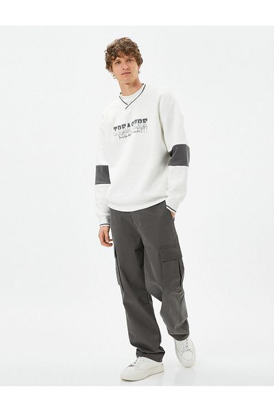 Koton Oversize Sweatshirt College Printed V-Neck Color Block Raised