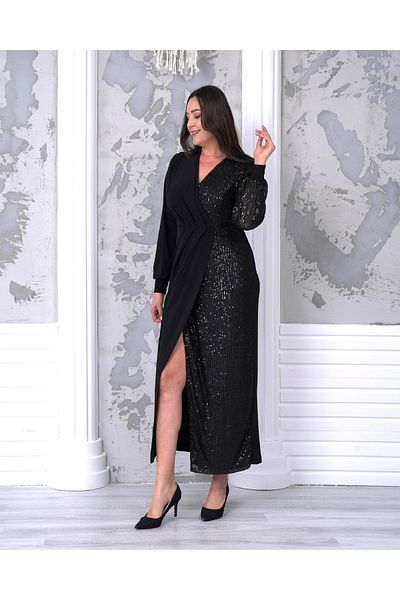 Şirin Butik Women's Black Plus Size Double Breasted Neckline Sequin Sequin Detailed Evening Dress