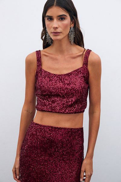 Sateen Burgundy Crop Sequined Blouse
