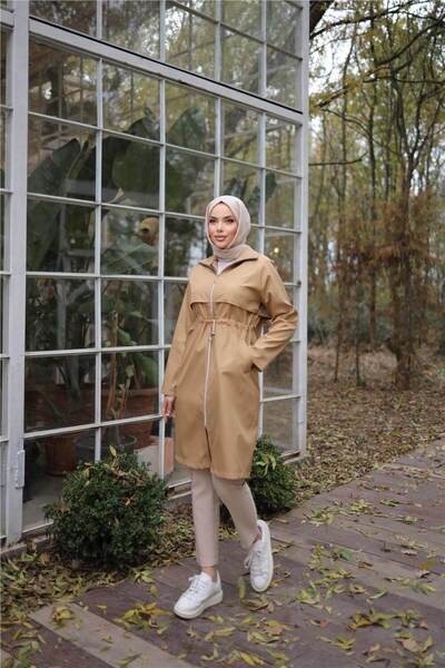 Bwest Long Trench Coat with Zipper Two Side Pockets and Waist Tie - (38-46) - 71232 - Neskafe