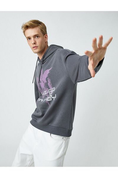 Koton Oversize Hooded Sweatshirt - Raised Butterfly Print, Bat Sleeve
