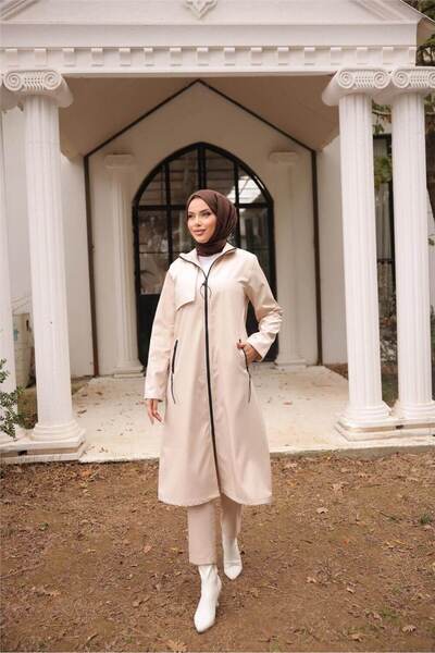 Bwest Long Trench Coat with Zipper and Two Side Pockets - (38-46) - 71231 - Stone