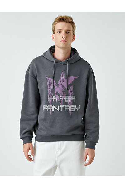 Koton Oversize Hooded Sweatshirt - Raised Butterfly Print, Bat Sleeve