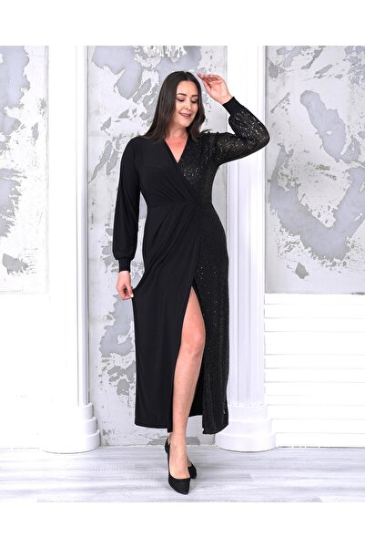 Şirin Butik Women's Black Plus Size Double Breasted Neckline Sequin Sequin Detailed Evening Dress