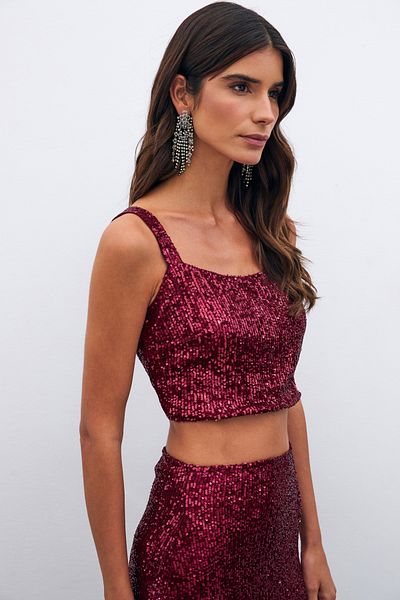Sateen Burgundy Crop Sequined Blouse