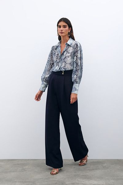 Sateen Μπλε Navy Παντελόνι με Λεπτομέρεια Μέσης