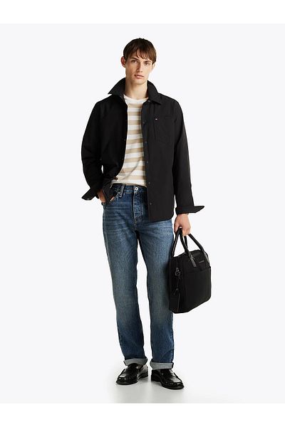Tommy Hilfiger حقيبة كمبيوتر محمول وحقيبة كمبيوتر محمول سوداء للرجال مع إغلاق مزدوج وسحاب قابل للتعديل وحزام قابل للفصل AM0AM13