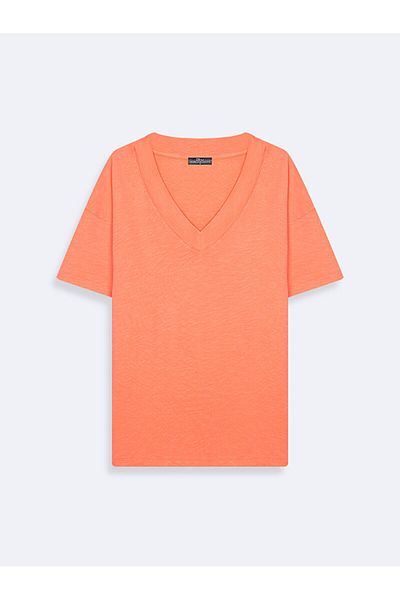 Ltb Tricou roz cu mânecă scurtă, cu decolteu în V