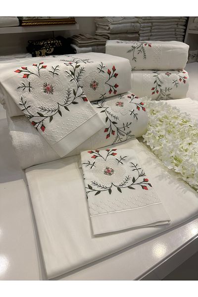 incisecrethome Handcrafted Needle Embroidered, Rococo Brazilian Embroidered Pique and Duvet Cover Set 7 Pieces