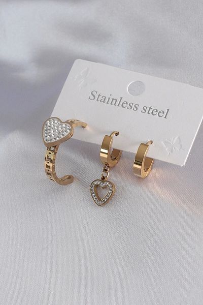 modalem 316l Steel Gold Color Heart Model Zircon Stone Women's Earring Combination