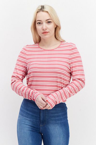 Tommy Jeans Women Round Neckline Long Sleeves Stripe Blouse, Pink