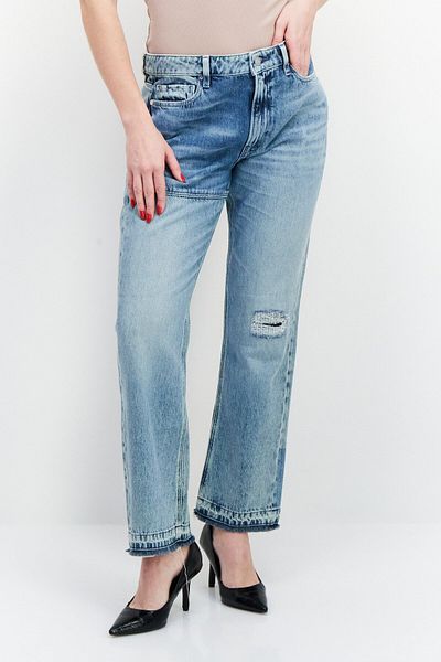 Guess Women Straight Fit High Waist Rip Non-Stretchable Denim, Blue