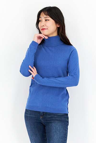 edc Women High Neck Long Sleeve Solid Sweater, Blue