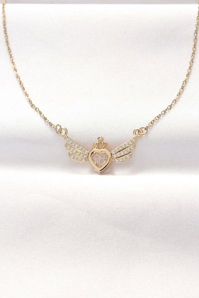 EDALKILIÇ 316L Steel Gold Color Zircon Stone Heart Wing Necklace
