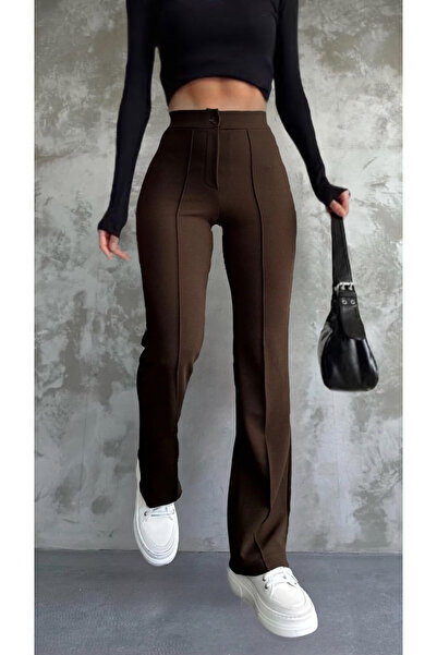 Heyya بنطال بالازو نسائي بني عالي الخصر بأرجل واسعة