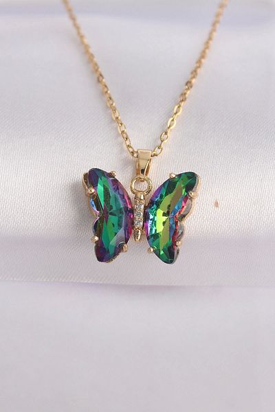 Clariss 316L Steel Chain Gold Color Chain Green Butterfly Model Colorful Zircon Stone Necklace