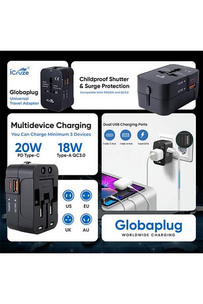 Icruze Globaplug Universal Travel Adapter Usb C, World Travel Power Plug- Black