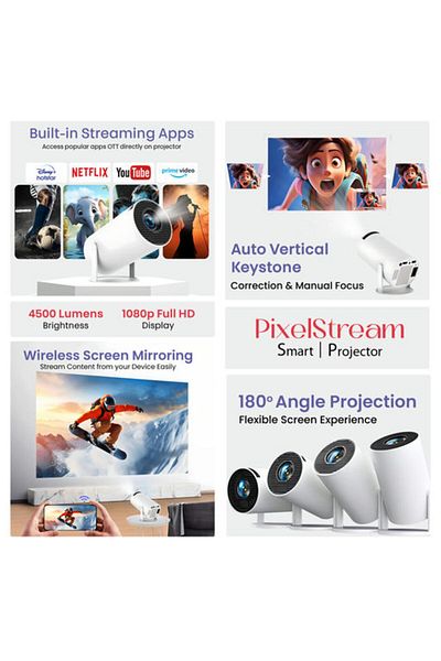 Icruze PixelStream Smart Projector Portable Mini Home Theater Projector-White