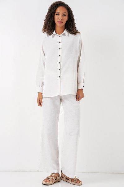 Bigdart Cremefarbenes Oversize-Unterteil-Top-Set aus Leinen für Damen 6622