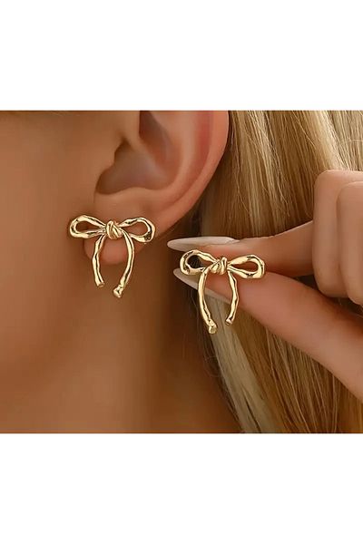 İthal Elegant Women's Earrings with Gold Bow Detail, Earrings