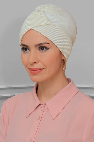 HÜRREM BONE Κρέμα Πρακτικό έτοιμο κουκούλα Hijab Fukuro Πλισέ σταυρό κορδόνι 1822_40