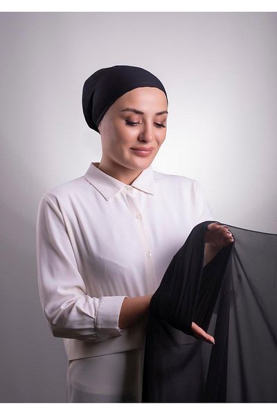 HÜRREM BONE Black Practical Ready-made Interlocking Shawl Chiffon Pipe Bonnet 3001_01