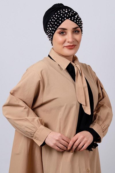 HÜRREM BONE Black Practical Ready-made Interlaced Hijab Bonnet Sandy Fabric with Stones 1456_01