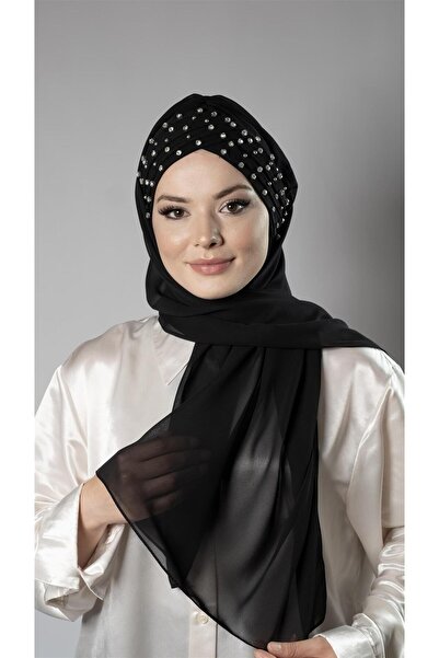 HÜRREM BONE Siyah Pratik Hazır Geçmeli Bone Şal Şifon Kendinden Boneli Taşlı Elişi Işlemeli 1450_01