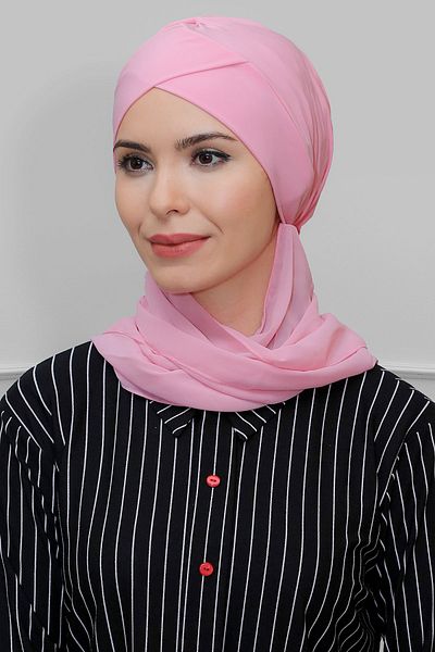 HÜRREM BONE Ροζ Πρακτικό έτοιμο κουμπωτό μαντήλι Hijab Bonnet Sandy Fabric Cross Gathered Chiffon Scarf 1801a_04
