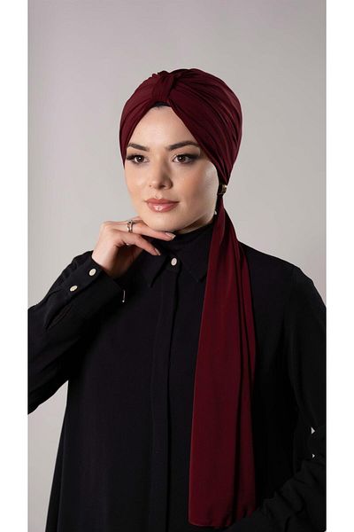 HÜRREM BONE Claret Red Practical Ready-made Interlaced Hijab Bone with Sandy Fabric Scarf 2204_16