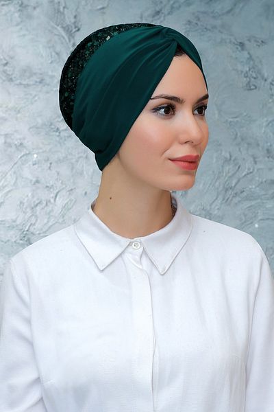 HÜRREM BONE Emerald Practical Ready-Made Hijab Bonnet Sandy Fabric Sequin Gathered 1906_37
