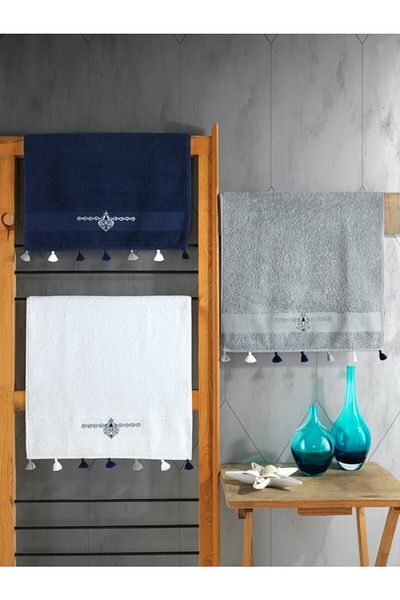 Cotton Box 4612-cb Σετ πετσετών Fit 3 τεμαχίων με φούντα μπούκλα V-2 (NAVY BLUE-WHITE-GREY)